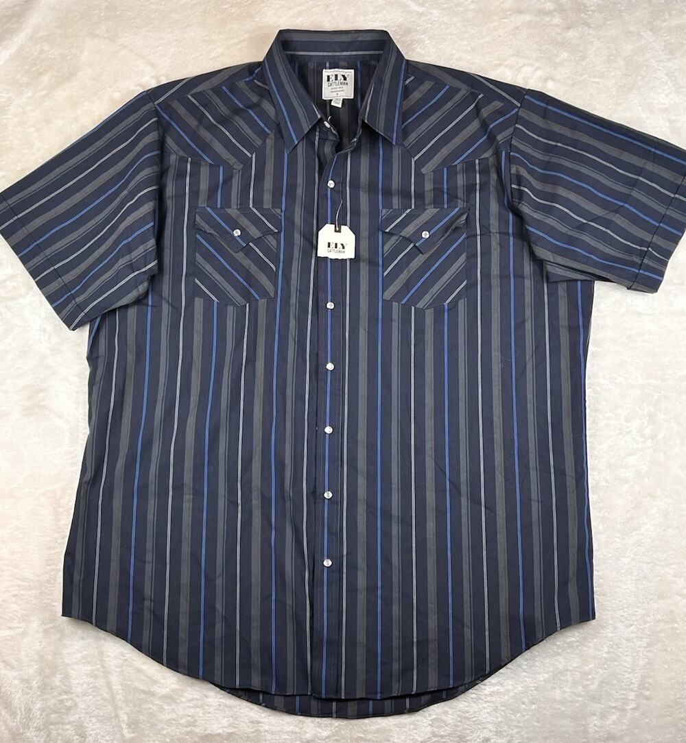 NWT Ely Cattleman Pearl Snap Shirt Mens Sz 2XLT Blue Stripe Short Sleeve Western
